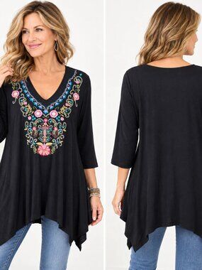 Soft Surroundings Adora Tunic L Black Embroidered Floral Boho Handkerchief Hem
